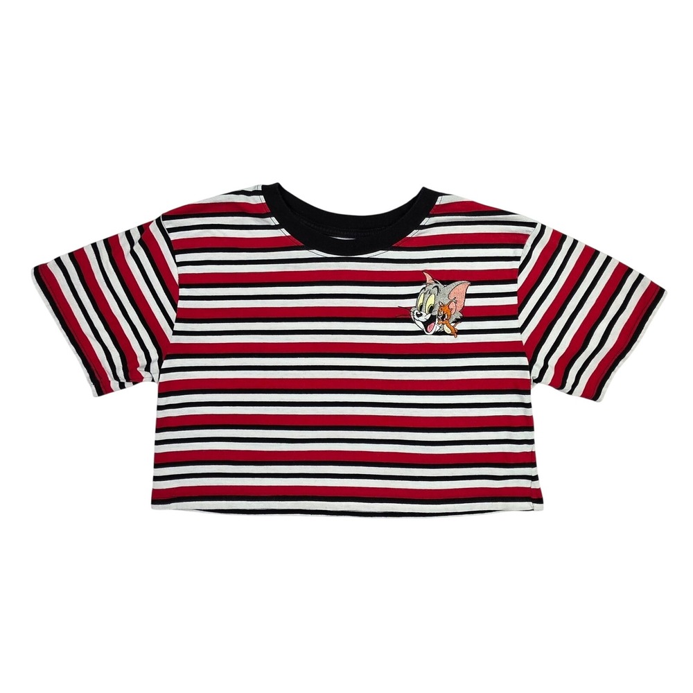 Tom and Jerry Striped Crop Top Red White Black Graphic Tee Small